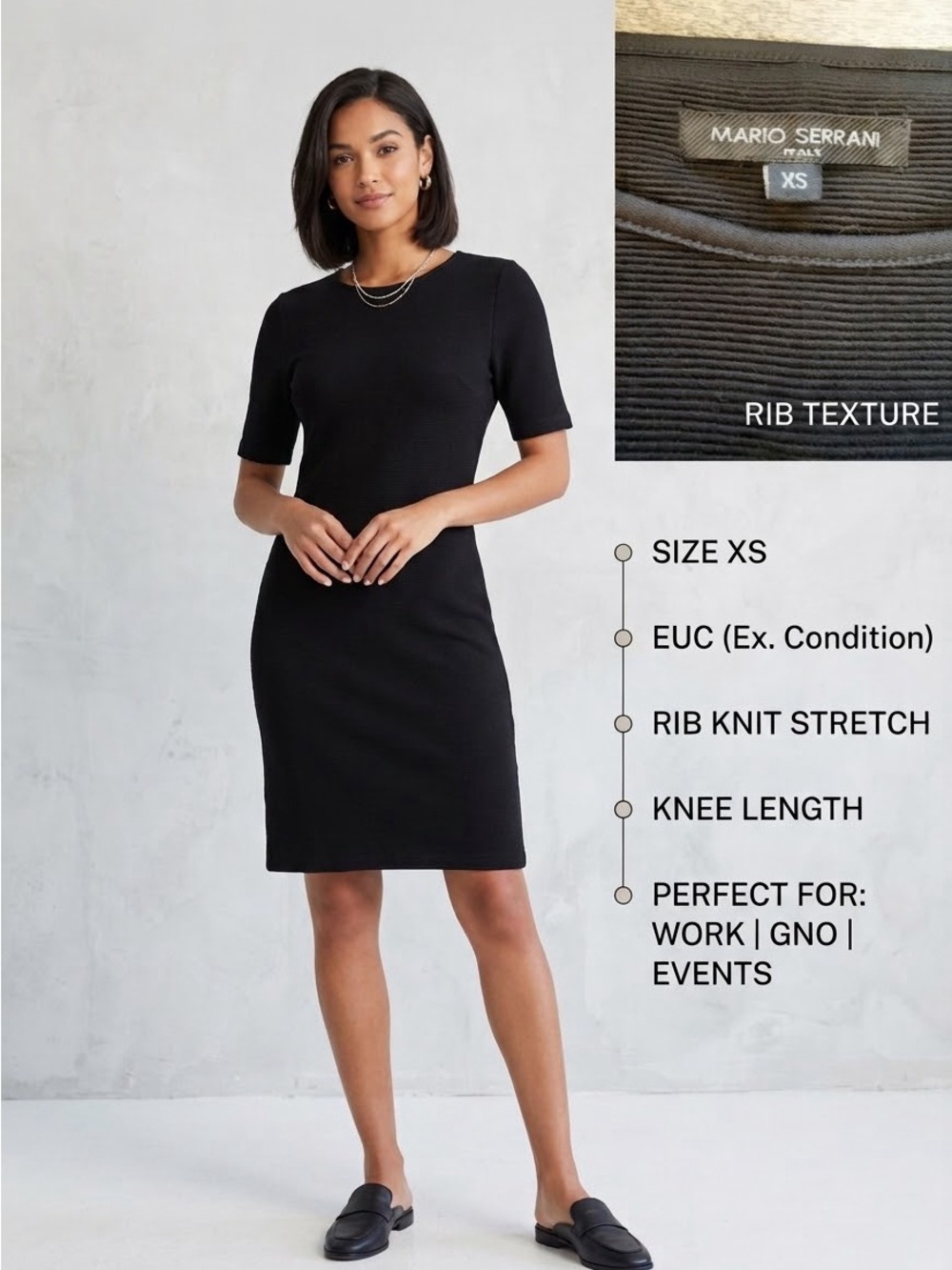 Mario Serrani Italy Black Ribbed Sheath Dress XS Short Sleeve Stretch LBD EUC